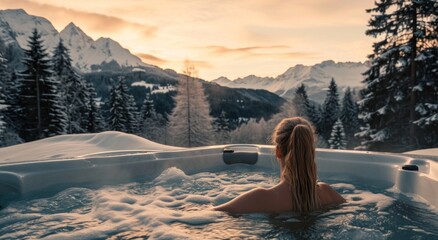 woman enjoys hot tub in winter bsr - obrazy, fototapety, plakaty
