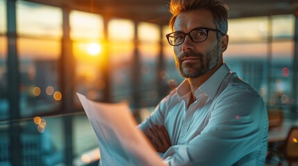Suave entrepreneur strategizing in a high-rise office, mapping out international business ventures