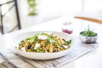 spelt pasta salad with pesto, pine nuts, olives, and feta cheese cubes