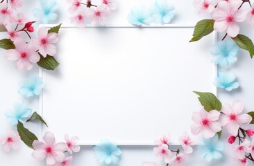 white frame with flowers in it on a blue background