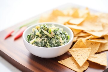 fresh spinach artichoke dip in a white bowl with tortilla chips