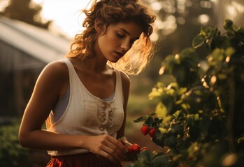a woman is picking strawberries in the field, joyful and optimistic - obrazy, fototapety, plakaty