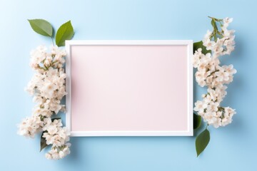 white frame with flowers in it on a blue background