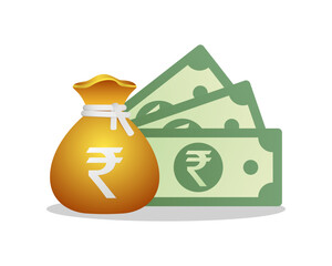 Money bag, banknotes with rupee sign. Flat style Vector illustration isolated on white background.