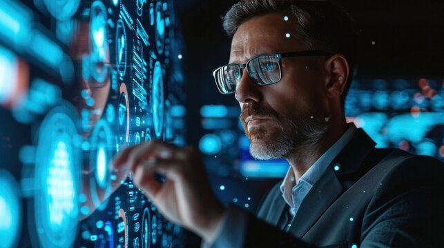 Tech-savvy businessman immersed in digital interfaces