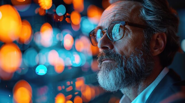 Tech-savvy businessman immersed in digital interfaces