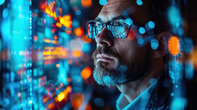 Tech-savvy businessman immersed in digital interfaces