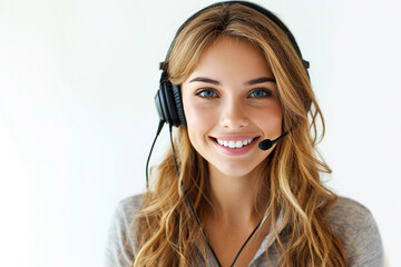 Smiling blonde girl with headset and and headphones on white background. Woman from the support service advises customers in call center. - obrazy, fototapety, plakaty