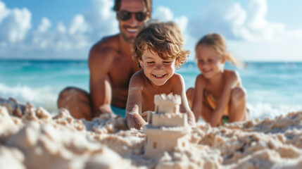 Smiling family building sandcastles, waves echoing their joy on a sunny shore - Powered by Adobe