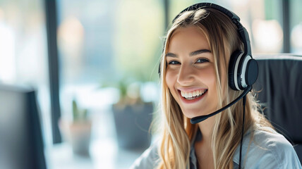 Smiling blonde girl with headphones and microphone on white background. Woman from the support service advises customers in call center.