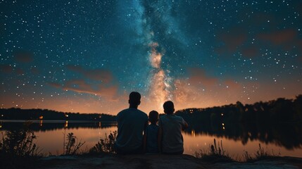 Happy family stargazing, the night sky reflecting the infinite love between them