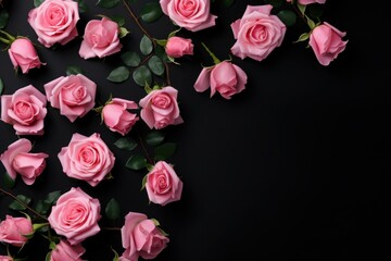 pink roses arranged in an arrangement with green leaves