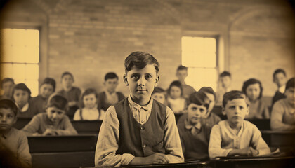 Vintage old portrait of school children. Antique photo. Retro picture of classmates. Group of children in the classroom. Vintage photo from 1920 with original film grain, blur and scratches.