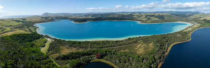Fototapeta na wymiar Aerial: the Kai Iwi Lakes near Dargaville, Northland, New Zealand.