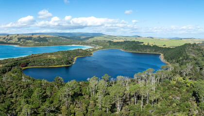 Fototapeta na wymiar Aerial: the Kai Iwi Lakes near Dargaville, Northland, New Zealand.