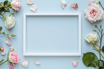 Naklejka na ściany i meble a cardboard frame of pink flowers on a light blue background