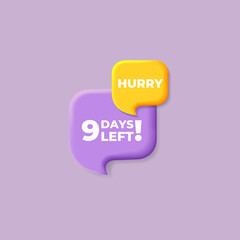 Hurry 9 days left banner sign, chat speech bubble design yellow and purple