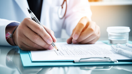 a doctor's hand holding a prescription pad, pen poised to write, with a computer screen displaying CDC guidelines for antifungal medication prescribing - obrazy, fototapety, plakaty