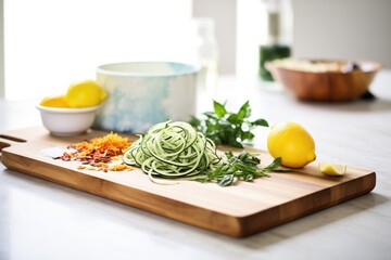 raw zucchini and spiralizer on a wooden board