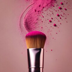 Makeup brushes with whirling pink powder AI generate Image