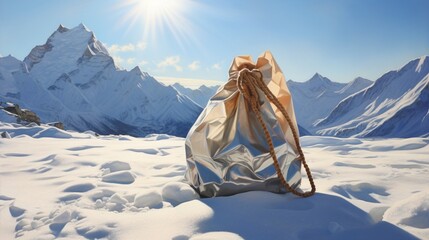 A hyper-realistic image featuring this bag placed amidst the snow-capped Himalayan mountains - Generative AI - obrazy, fototapety, plakaty