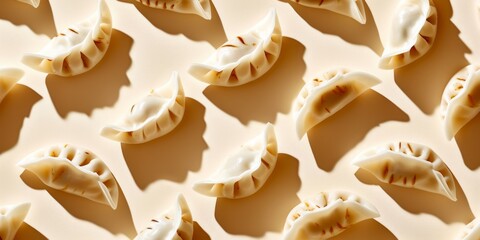 Dumplings pattern. Asian food concept, many dumplings on light beige background. Minimal concept design.