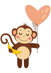 Cute monkey holding a heart balloon and a banana
