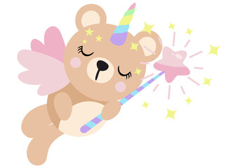 Unicorn teddy bear with wings holding a star magic wand