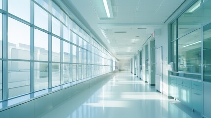 A blurred, atmospheric view of a medical institution's hallway, accentuated by the presence of panoramic windows offering a deep, linear perspective. corridor in modern building