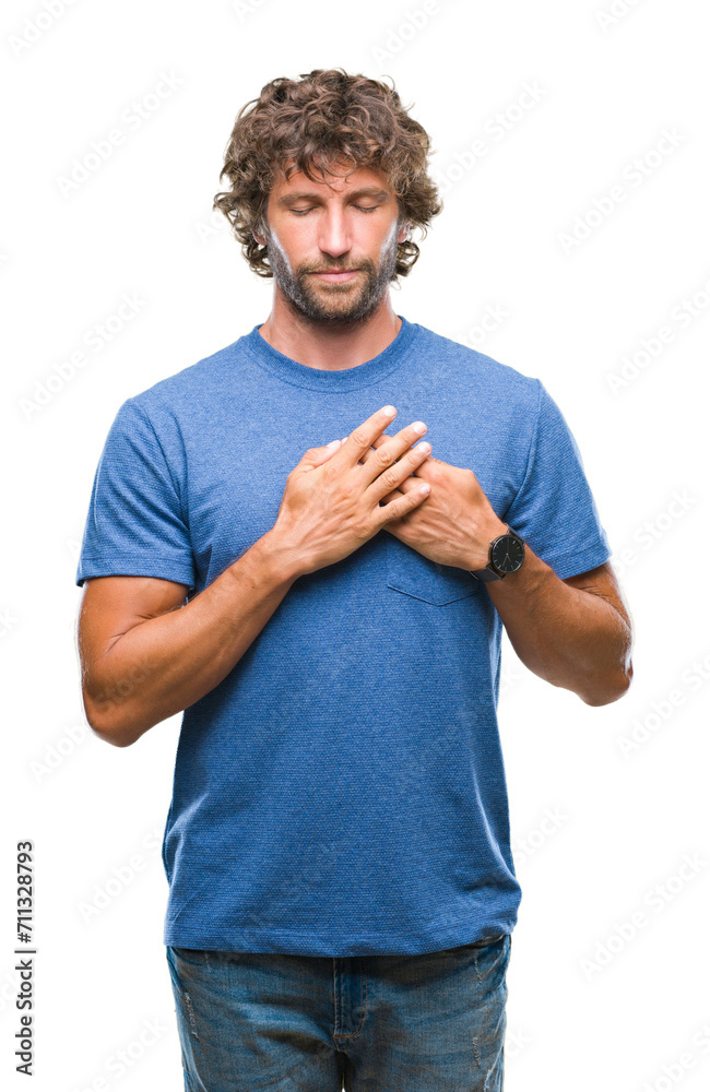 Sticker handsome hispanic model man over isolated background smiling with hands on chest with closed eyes an