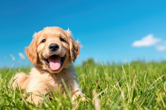 Playful puppy in a grassy field with a bright blue sky