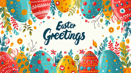 Easter Greetings postcard with colorful patterned eggs on blue