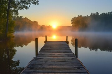 Sunrise over a peaceful lake with mist and a wooden dock