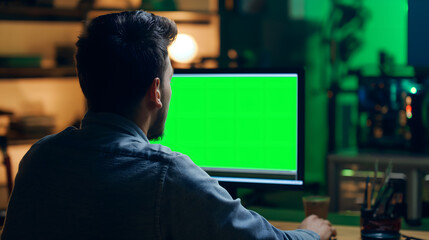 a man observing a green screen monitor in a well-lit, modern workspace, without the green reflection on his face