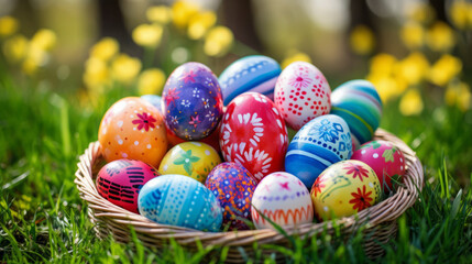 Fototapeta na wymiar Easter eggs painted in bright colors arranged in a wicker basket