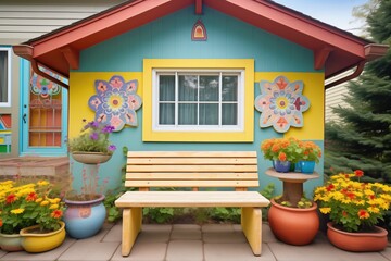 cottage with a colorful garden and a carved wood bench