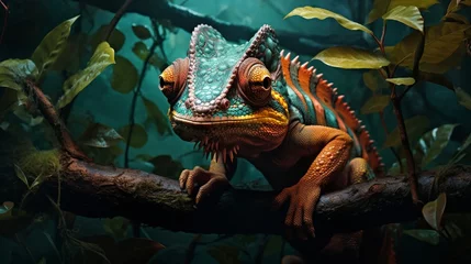 Fototapeten A hyper-realistic scene featuring a chameleon clinging to a tree branch, its eyes focused intently - Generative AI © Everything is here
