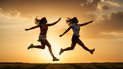 Two girls jump in the sky with the sun behind them 