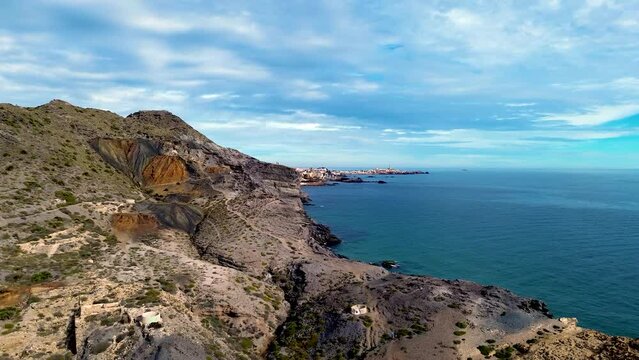 Calblanque coast aerial drone view point of coastline and seascape in Cartagena coasts, Spain.