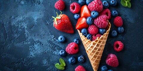 Fresh berries in ice cream cone. Strawberry, raspberry, blueberry for dessert. Concept for healthy eating, dieting food and nutrition. Summer background. Top view, copy space - obrazy, fototapety, plakaty