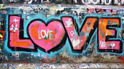 Street style graffiti with Love text and heart on wall in city for Valentine's Day