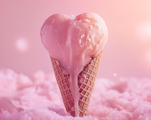 pink ice cream cone shaped like heart melting on pink bacground. Minimal love and women's day background	
