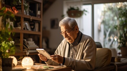 Elderly individuals using modern technology, such as smartphones or tablets, in a comfortable home setting,