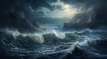 A hyper-realistic seascape unveiling a tumultuous storm, towering waves crashing against rocky cliffs, dramatic dark clouds enveloping the horizon - Generative AI