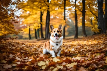 Step into a world of autumnal delight with a happy Welsh Corgi Pembroke, thriving among the fallen leaves, creating a tapestry of joy.