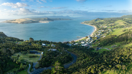 Fototapeta na wymiar Aerial: The Hokianga Harbour with a view to Opononi and Omapere, Northland, New Zealand.