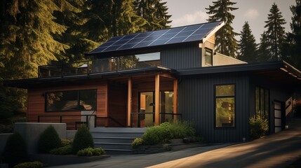 Exterior shot of a house with solar panels on the roof, capturing the essence of sustainable energy