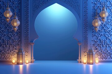 Elegant Islamic and Lanterns with Blue Background - obrazy, fototapety, plakaty