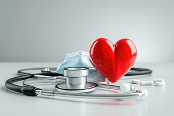 World health day concept Healthcare medical insurance with red heart  stethoscope  mask and medicine