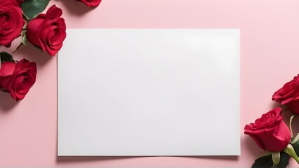 flat lay white postcard with roses surrounded by on  a pink background, ribbon laying aside, template for congratulations on March 8, Valentine's day, women's Day or birthday Generative AI, card
